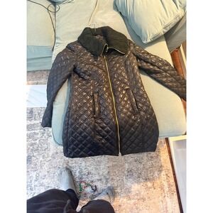VH Spiga Womens Quilted Puffer Coat Black Small Zip Front Faux Leather
